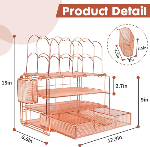 Organizador De Escritorio De Color Oro Rosa Con Soporte Para