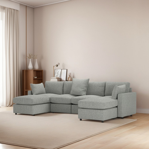 Sofá Sala Modular Modi 4 Plazas + 2 Otomanos + Pillow Pack | Gris Claro