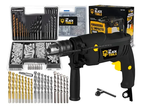 Furadeira De Impacto 13mm 750w Profissional Com Kit Brocas Buchas E Bits 300 Peças The Black Tools
