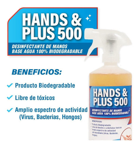 Imagen 1 de 4 de Hands & Plus 500 - Desinfectante Cuaternario De Manos 1l