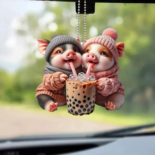 . Colgante Acrílico Con Diseño De Dos Cerditos Bebiendo