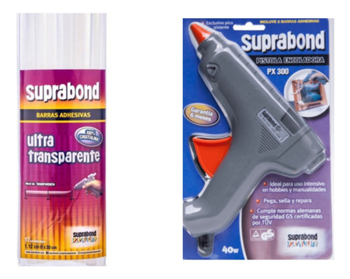 Combo Suprabond Pistola Encoladora 40w + 17 Barrita Silicona