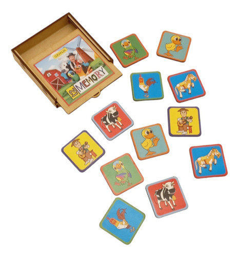 Juego De Memoria Granja De Zenon 12 Fichas Madera Estampada