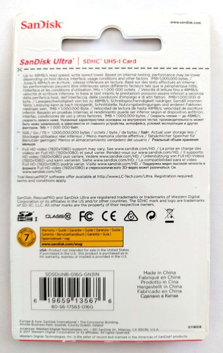 Sandisk Ultra 16gb Sd Clase 10 - 48mb/s Original