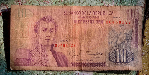 Billete De 10 Pesos Oro Serie Az De 7 De Agosto De 1980.