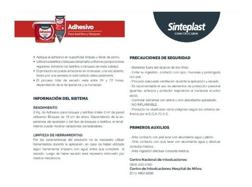 Imagen 4 de 7 de Adhesivo Sinteplast Ladrillos Y Bloques 3kg Dun Dun Caja X 6