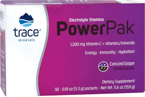 Trace Minerals Powerpak Electrolitos Y Vitamina C 30 Pzs Sabor Concord Grape