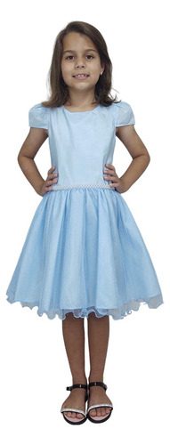 Vestido Infantil Princesa Frozen Saia Com Brilho Azul Luxo