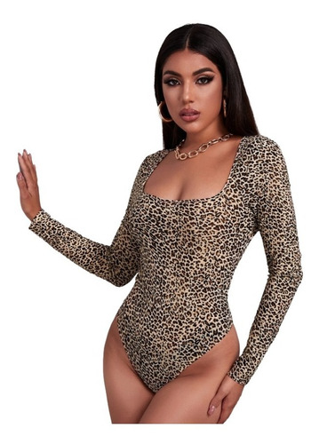 Body Manga Larga Elegante Estampado Leopardo Sexy Para Dama