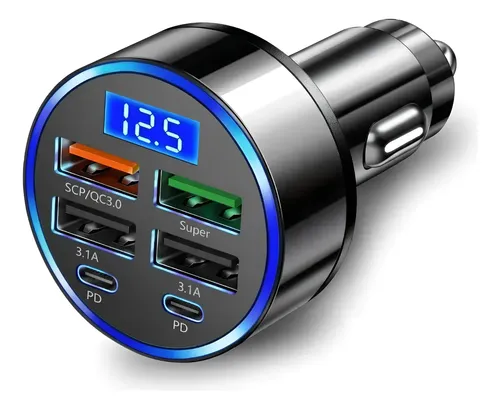 Adaptador De Carro 12v Carregador Celular Turbo + 4 Entradas Preto