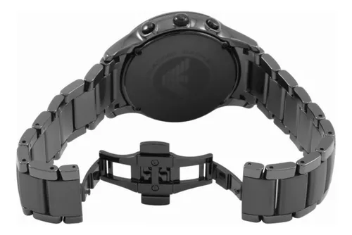 Rel gio de pulso Emporio Armani AR1451 com corpo preto anal gico para masculino fundo preto com correia de cer mica cor preto agulhas cor cinza e