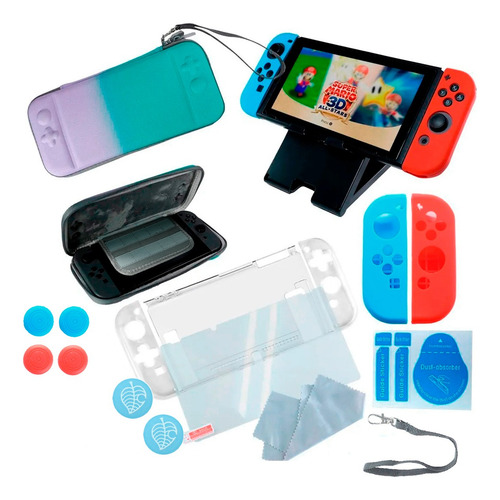 Kit Para Nintendo Switch Lila Turquesa Estuche Protector