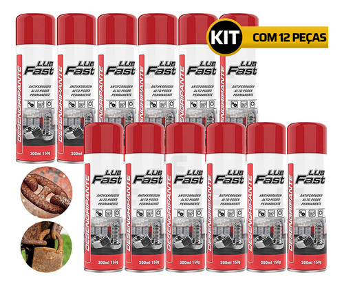 Kit 12 Óleo Desingripante Spray Anticorrosivo 300ml Lub Fast