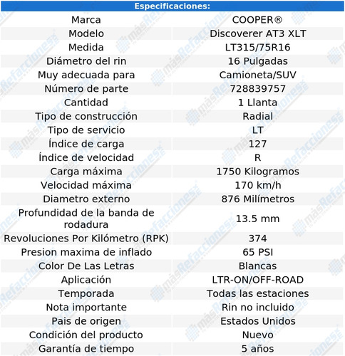 1- Llanta 127r Cooper Discoverer At3 Xlt Lt315/75r16