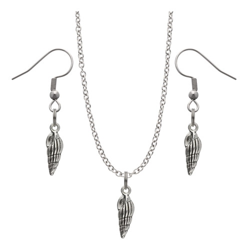Kit Collar Y Aretes Animales Acuáticos Dije Cadena Acero Plateado Caracola Marina