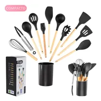 Comprar Kit 12 Peças Utensílios Cozinha Silicone Preto Cabo Madeira