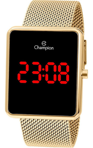 Relógio de pulso Champion Digital CH40080 com corpo dourado,  digital, para feminino, fundo  preto, com correia de aço cor dourado, subdials de cor vermelho, ponteiro de minutos/segundos vermelho, bisel cor dourado e fivela de gancho