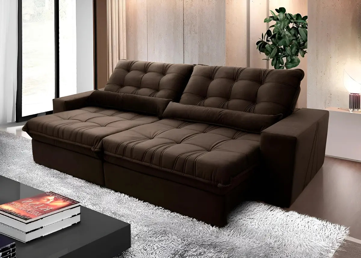 Sofá Retrátil Reclinável Zurique 2,70m Suede Velut Marrom Molas no ​Assento - King House