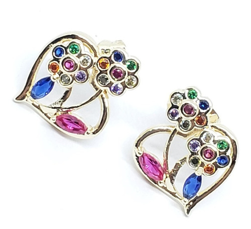 Aretes De Corazon Y Flor Colores De Oro Laminado Cf1