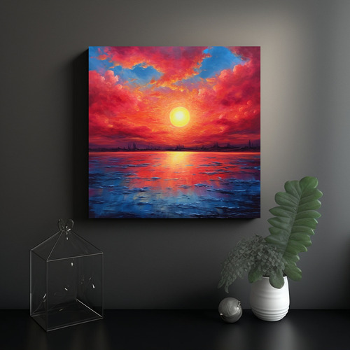 20x20cm Cuadro Amanecer Rojo Y Cielo Azul En Finas Líneas
