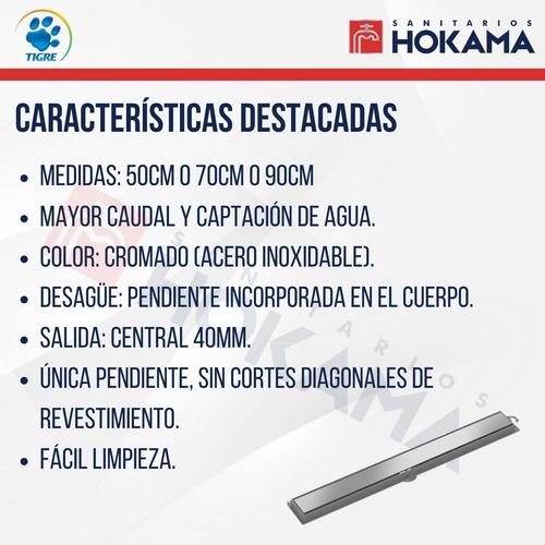 Imagen 6 de 10 de Rejilla Desague Linea Ducha 50 Cm Tigre Acero Ciego Baño