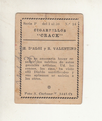 Cine Mudo Cromo Valentino & Elena D'algy Publicidad Crack (Usado)