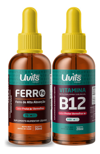 Kit Ferro Bisglicinato 30ml e Vitamina B12 20ml Uvits Sabor Frutas Vermelhas
