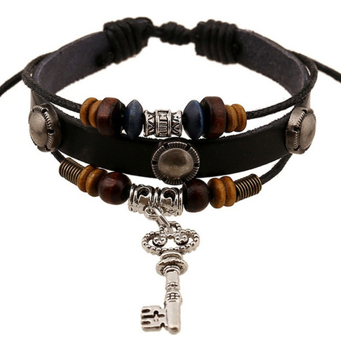 Pulsera De Cuero Con Llave Y Cuentas