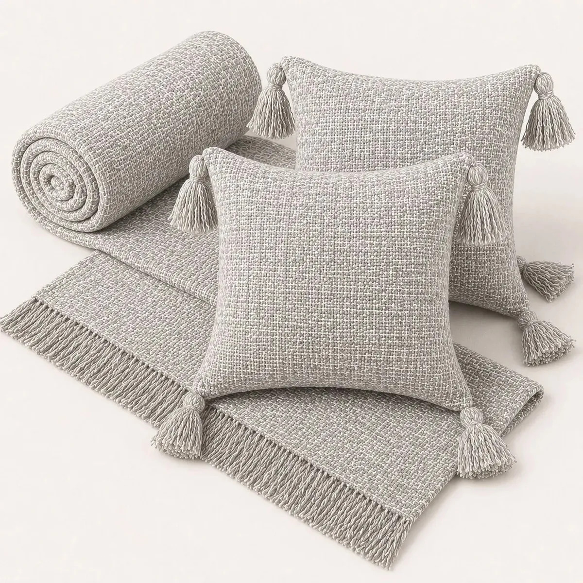 Kit Manta Para Sofá + 2 Capas De Almofada 45x45 Algodão Decoração Cinza Claro Lisa