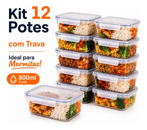 Kit Com 12 potes 800ml Tampa Com Trava Marmita Fitness Lavavel Freezer Microondas Durável