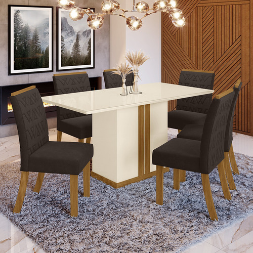 Conj Sala Jantar Mesa Tampo Mdf C/vidro 6 Cad Alana Casa 812 Cor Nature com Off White e Marrom