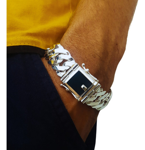 Pulseira Groumet Duplo Prata 925 Maciça Fecho Gaveta 19mm