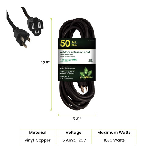 Cable De Extensión Gogreen Power Gg-13850bk 14/3 50 Pies Neg