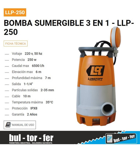 Imagen 2 de 5 de Bomba Sumergible Lusqtoff Agua Sucia Limpia 250w 3en1