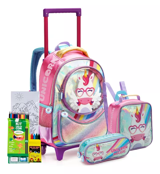 Kit Mochila Unicornio Infantil Estojo Lancheira Denlex 