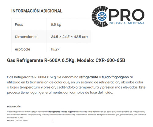 Gas Refrigerante R-600a 6.5kg. Modelo: Cxr-600-65b