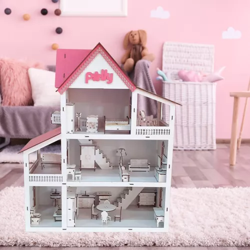 Casa De Boneca Barbie Completa Mdf Branca E Rosa + Kit