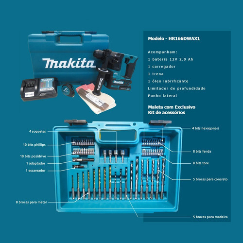 Martelete Rotativo A Bateria Makita Hr166dwax1 + Kit 61 Pçs
