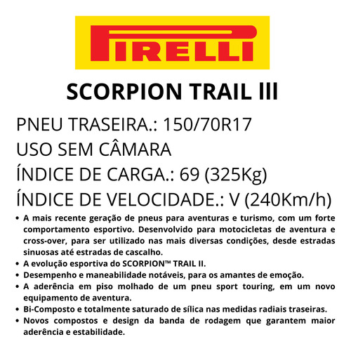 Pneu Tras 150/70r17 69v Pirelli Scorpion Trail 3 S/câmara