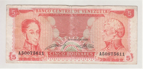 Billete Venezuela 5 Bolivares 1989 Usado (c85)