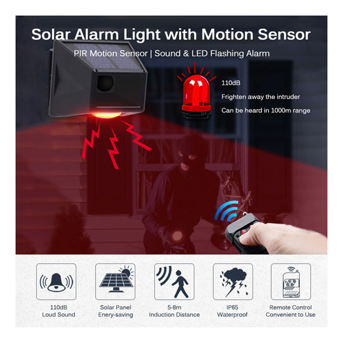 // Sensor De Movimiento Solar Luz De Alarma 110db Gran