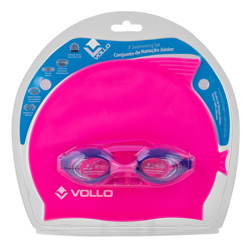 Kit De Natação Infantil Vollo Óculos Giant Dolphin E Touca De Silicone Rosa
