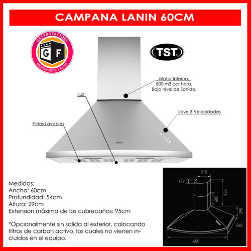 Imagen 2 de 10 de Campana Extractora Cocina Tst Lanin 60 Cm