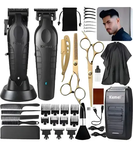 Set Kemei 2296+2299+1102 Profesional Cortadora De Pelo Trimmer Patillera Afeitadora Recargable USB Inalámbrica Con Peines Guía Para Cabello Barba Bigote Barbería Uso Personal