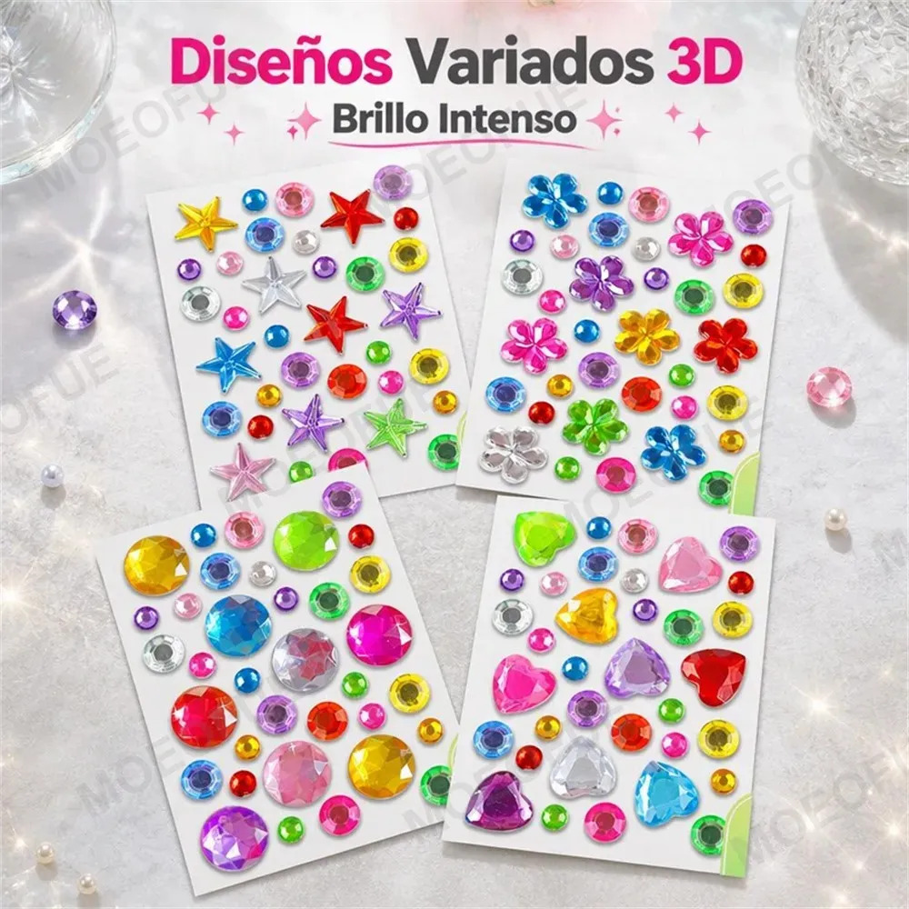 MOEOFUE Gemas Adhesivas Brillantes para Cara Cuerpo y Uñas Diamantes Coloridos Corazón Flor Estrella Pegatinas Decorativas Festival Maquillaje Brillantes Reutilizables 4 Hojas
