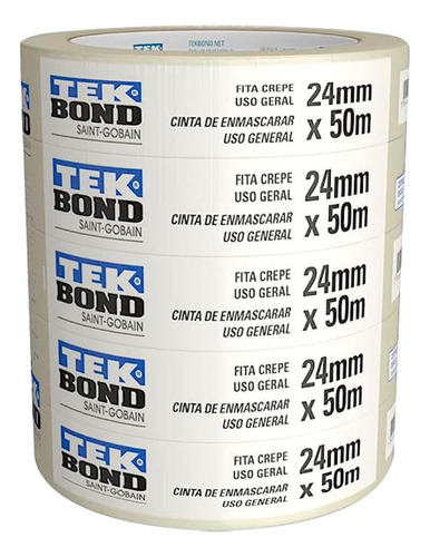Fita Crepe Tek Bond 24mm X 50mt - Kit C/5 Rolos