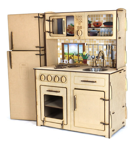 Imagen 3 de 9 de Cocinita De Juguete Con Heladera De Madera Juego Infantil