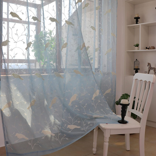 Cortinas Transparentes De Lujo Azules Con Elegantes Aves Bor
