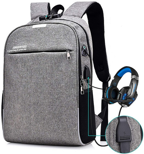 Imagen 1 de 8 de Mochila Gris Impermeable Y Antirrobo Con Conector Usb