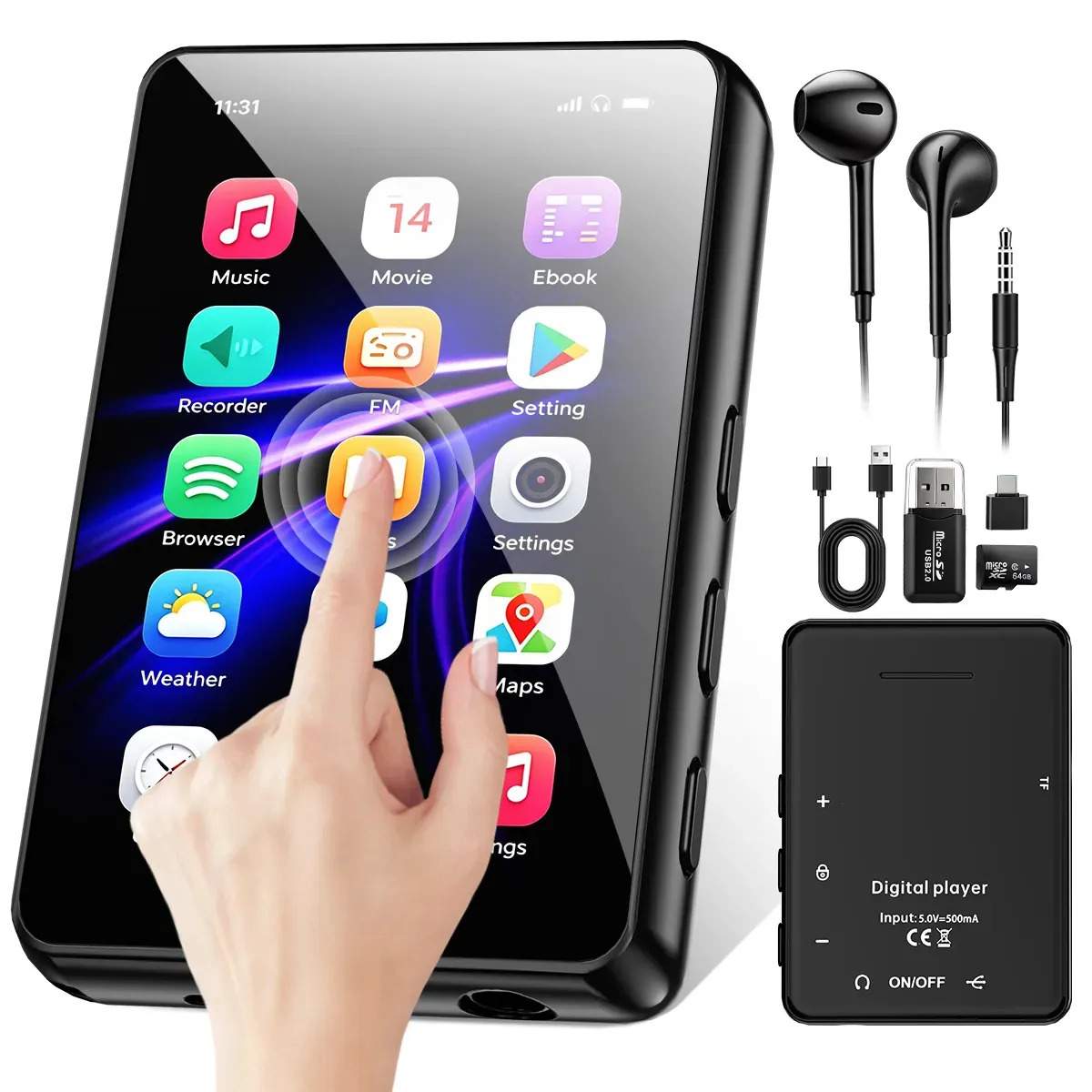 Reproductor De Música Mp3 Mp4 Player Bluetooth5.3 64gb Con Audífonos Hifi Portatil Pantalla Táctil Versátil Color Negro